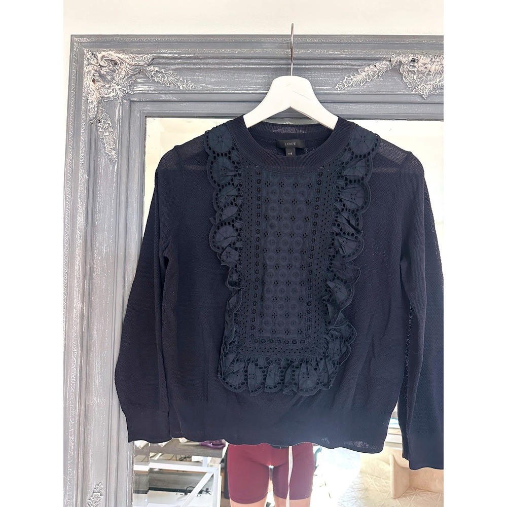J.Crew Navy Blue Lace Eyelet Bib Ruffle Front Summerweight Cotton Sweater XXS - Picture 5 of 10
